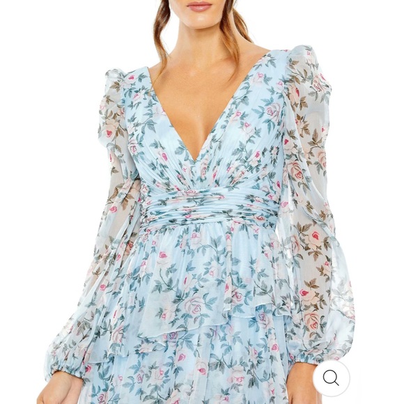 Mac Duggal Bishop Sleeve Floral Print Long Sheer Dress - Picture 2 of 10